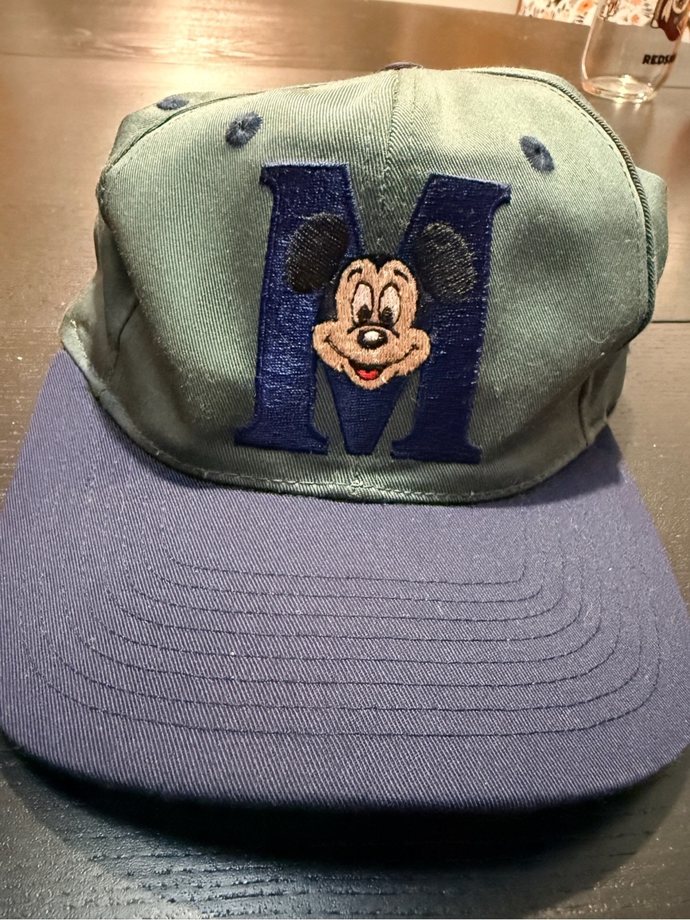 Vintage Disney Men’s Blue Brim Green Crown Baseball Hat with Embroidered Mickey